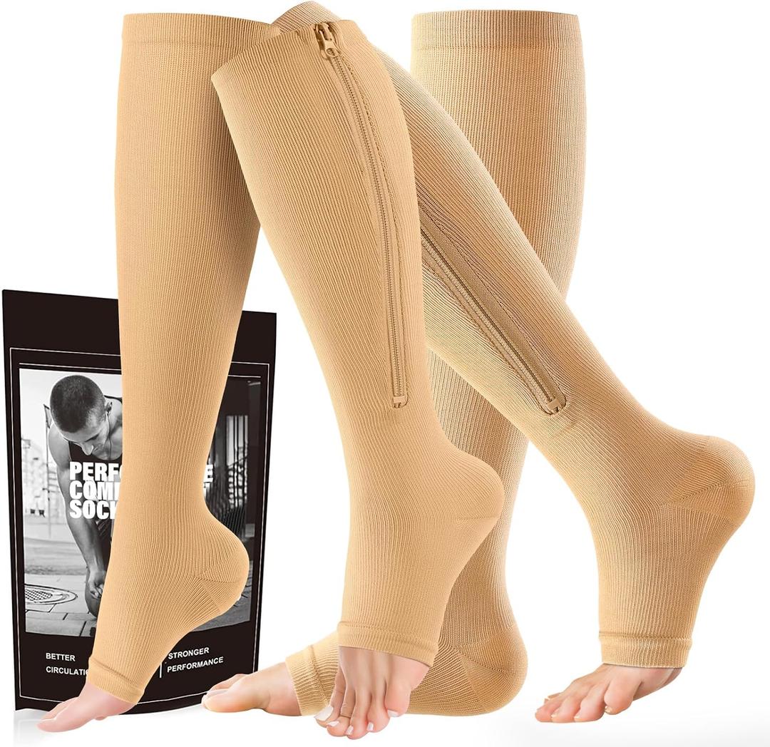cerpite Zipper Compression Socks - 2 Pairs Open Toe Compression Stockings for Men Women 15-20mmHg,Suit for Running, Sport (4X-Large, Nude - Compression Socks)