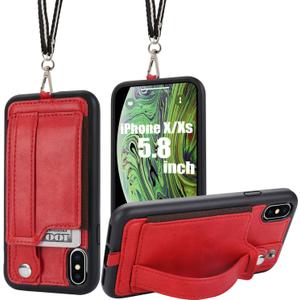 TOOVREN iPhone X/Xs Wallet Case Phone Lanyard Neck Strap iPhone Xs / 10 Protective Case Cover with Stand Leather PU Card Holder Adjustable Detachable iPhone Lanyard for Anti-Theft and Activity Red