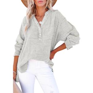 Dokotoo Long Sleeve Shirts for Women Casual V Neck Oversized Blouses Tops (Gray, XXL)