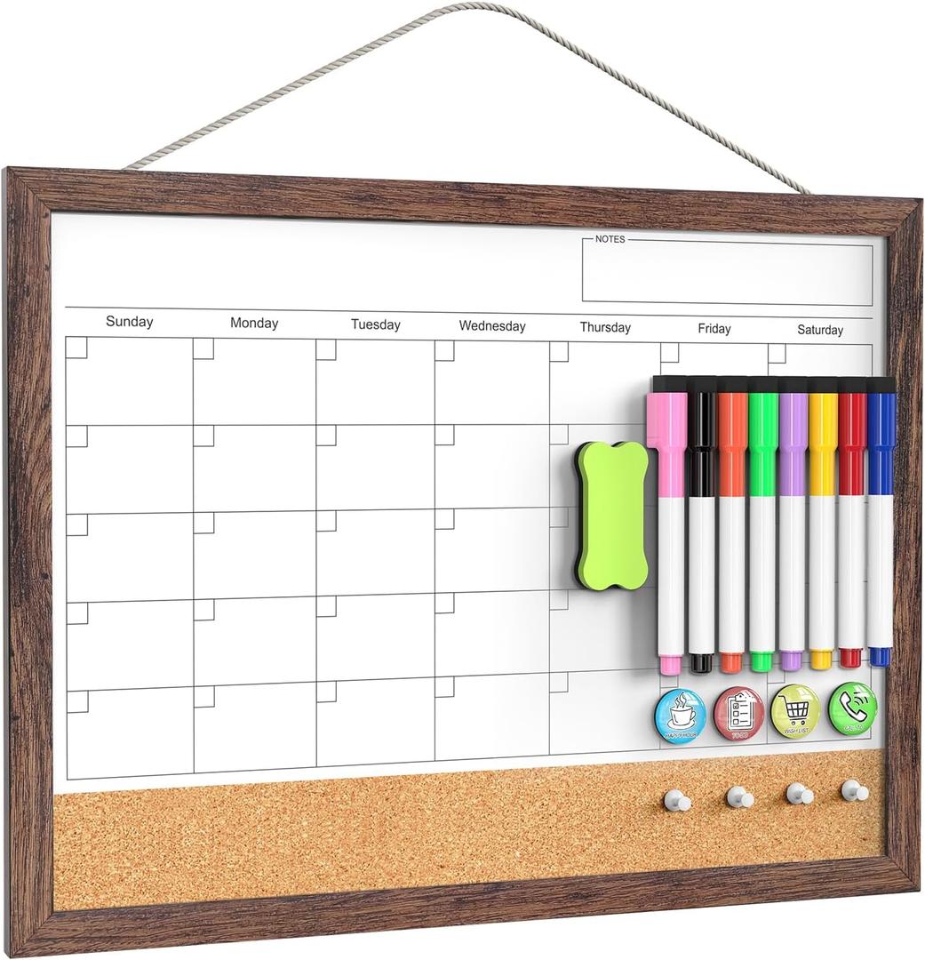 Calendar Whiteboard for Wall, 17x13 Inches White Board Calendar Dry Erase, Small Magnetic White Board with Wood Frame, Hanging Dry Erase Board for Kitchen Home Office School Planner (Brown)