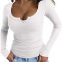 REORIA Womens Long Sleeve Scoop V Neck Shirts Ribbed Knit Slim Fitted Tops Trendy 2025 Fall Basic Tees Going Out Blouse (White, XL)