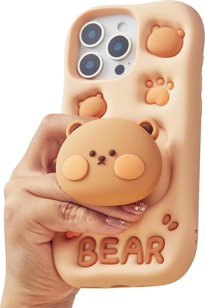 Kawaii 3D Teddy Bear Phone Case for iPhone XR (with Stand and Grip) Cute Girly Cartoon Animal Phone Cover for Girls, Boys, Kids, Teens, and Women, Tan
