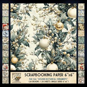 FLONZ Scrapbook Paper (24 sheets 6"x6") Golden Botanical Ornaments ~ Festive floral elements and decorations in beige gold palette, painted in soft watercolor with elegant Christmas compositions