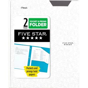 Five Star 2-Pocket Folder, Plastic Folder with Stay-Put Tabs and Prong Fasteners, Holds 8-1/2" x 11" Paper, White (72494)
