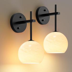 MOITA Wall Sconces Set of Two, Wireless Battery Operated Wall Decor with Remote, Sconces Wall Lighting with Glass Shade, Upward and Downward Installation, 12 RGB Colors and 3 CCT Options (Black-Filament)