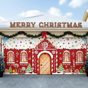 Christmas Garage Door Banner Decoration 16 x 7 ft Magnetic Garage Door Covers Large Christmas Backdrop Decorations for Outdoor Indoor Xmas Party (Candy House)
