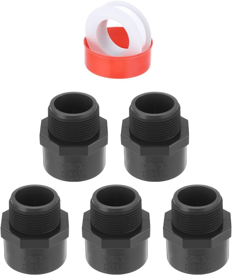 uxcell 5 Pcs 1-1/4" PVC Male Adapter Pipe Fitting Fit for SCH40 Slip Coupling Male to Male Threaded Pipe Coupling Connector with Sealing Tape, Socket x NPT Male, Dark Grey