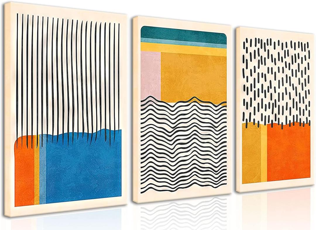 AKWISH Midcentury Modern Framed Wall Art for Living Room Set of 3 Mid Century Modern Abstract Canvas Painting Print Boho Color Blocks Home Decor Colorful Minimalist Pictures for Bedroom 16"x24"x3 (Yellow Blue Black Red)