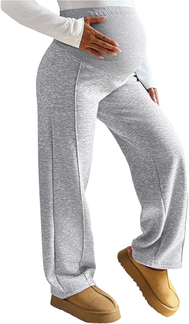 Milumia Women's Maternity Fleece Sweatpants Elastic High Waist Wide Leg Casual Lounge Trousers (Medium, Grey)