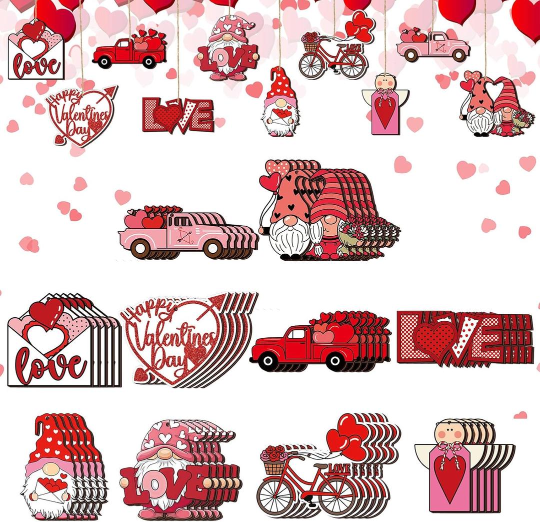 2 x Leinuosen 50 Pcs Christmas Wood Ornaments Vintage Christmas Wooden Hanging Ornaments Xmas Tree Hanging Decoration Set for Xmas Holiday Party Decorations(Love Heart) (Pink)