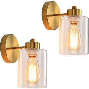 Metal Sconces Wall Lighting with Clear Glass Shade, Bathroom Vanity Light Matte Black Wall Sconce, Modern Wall Light Fixtures (2 PACK, Gold)
