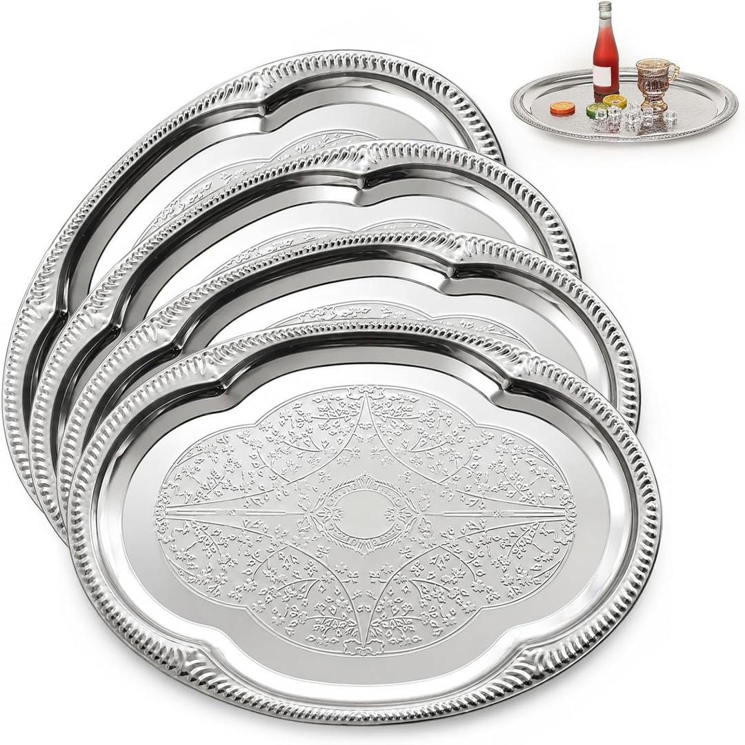 4 Pack Silver Serving Trays Set 20 x 15 Inch, Stainless Steel Serving Tray
