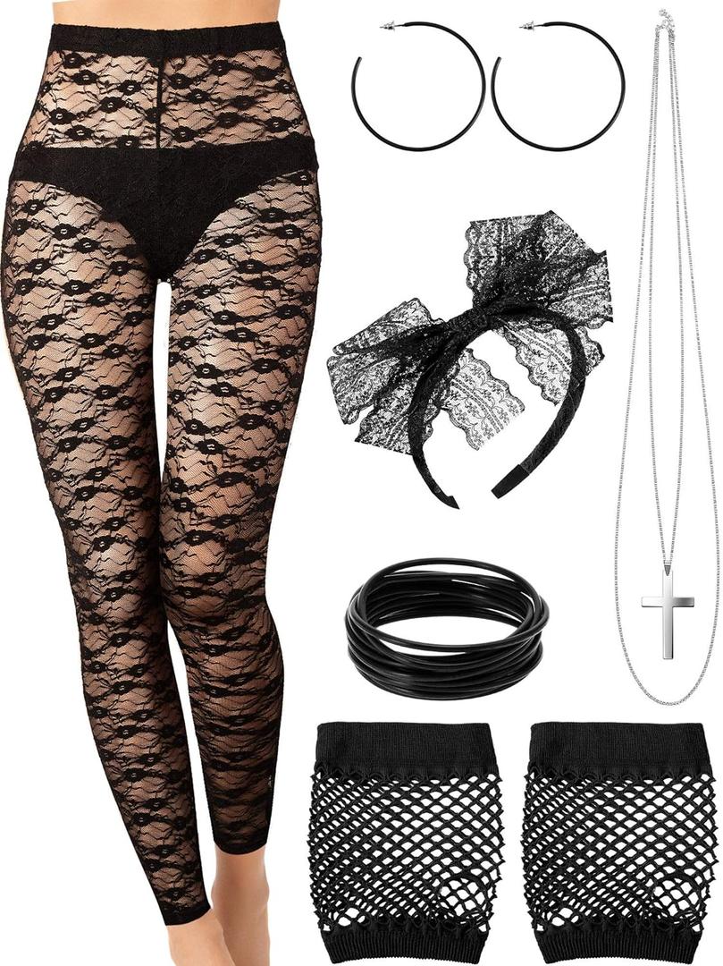 80s Costume Set, Earring Necklace, Gloves, Lace Legging, Bracelet for Party (Small)