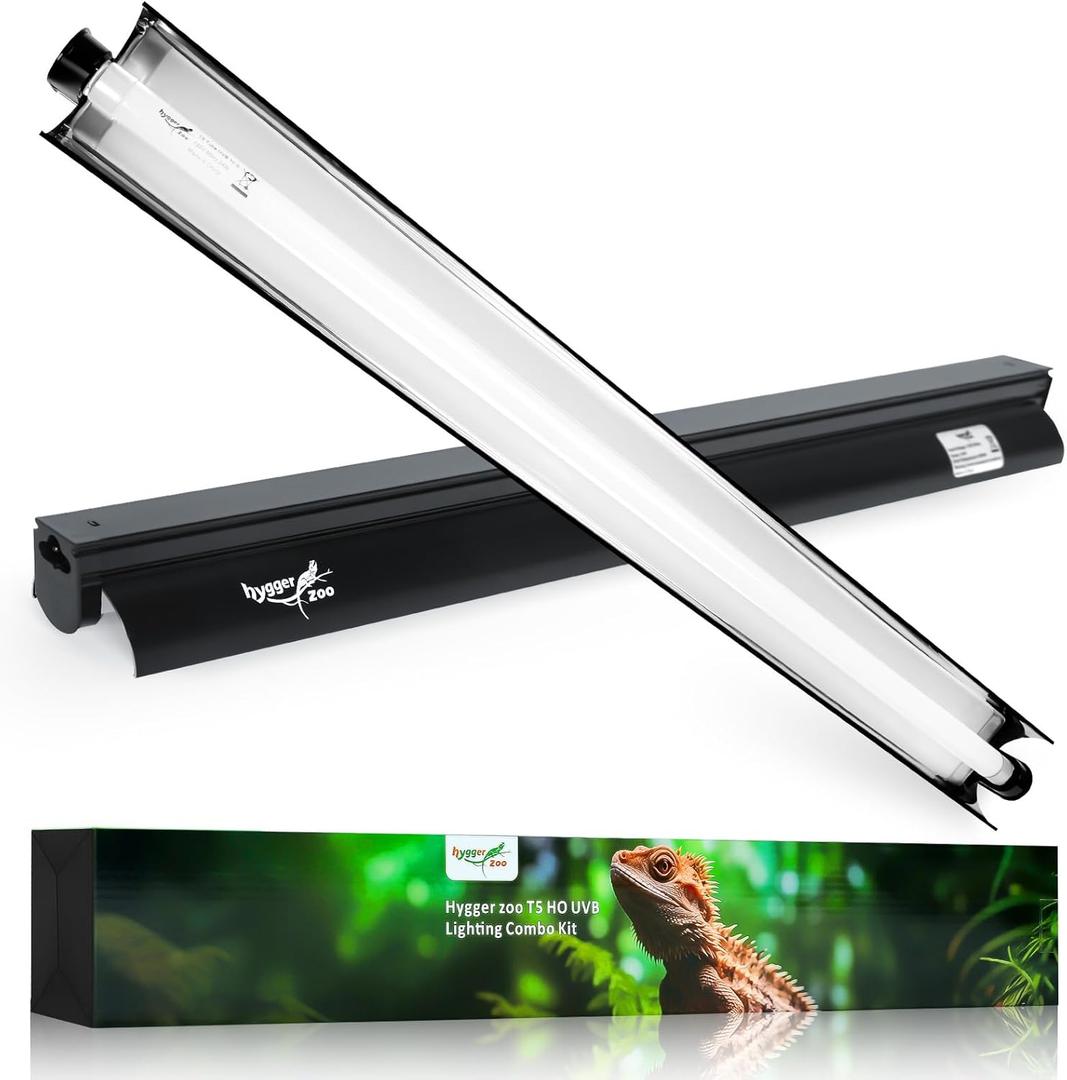 T5 Reptile Light Fixture Combo Kit 24W Light Fixture Reptile Terrarium Hood 10.0 UVB Light Bulb  Tube Ideal for Tropical and Deserts Such as Bearded Dragon Lizards and Tortoises (24W 22.4IN Black)
