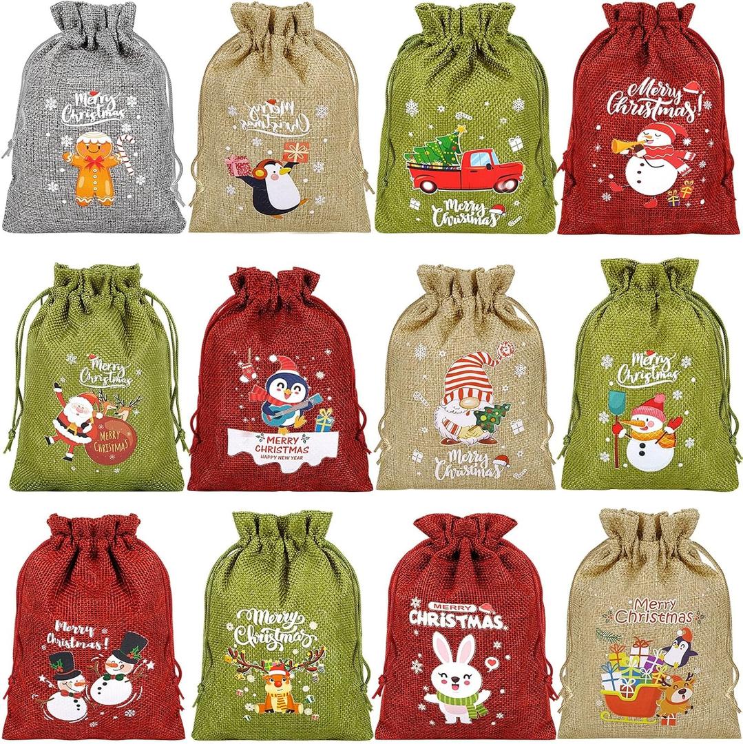 Abuntor 24Pcs Drawstring Christmas Gifts Bags, Small Burlap Gift Sacks For Xmas Holiday Present Wrapping, Christmas Wrapping Bags