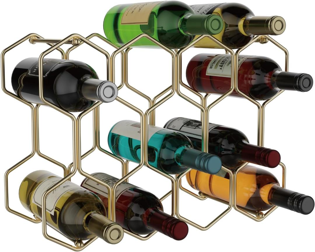 Buruis Countertop Wine Rack, 14-Bottle Modern Freestanding Metal Holder for Red and White Wine, Tabletop, Kitchen, Bar, and Cabinet Storage (Gold)