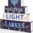 Bafeil Hanukkah Decorations Wooden Block Sign with LED Lights, Blue & White Hanukkah Design for Jewish Judaism Chanukah Table Mantel Outdoor Holiday Home Decor