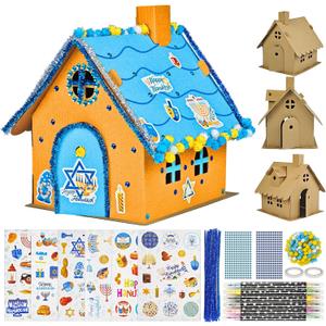 Cinrobiye 6 Set DIY Hanukkah Gingerbread Houses Craft Kits Paint Chanukah Cardboard Houses Box Make You Own 3D Hanukkah House for Home Classroom Winter Holiday Fun Party Game Decorating Art Project