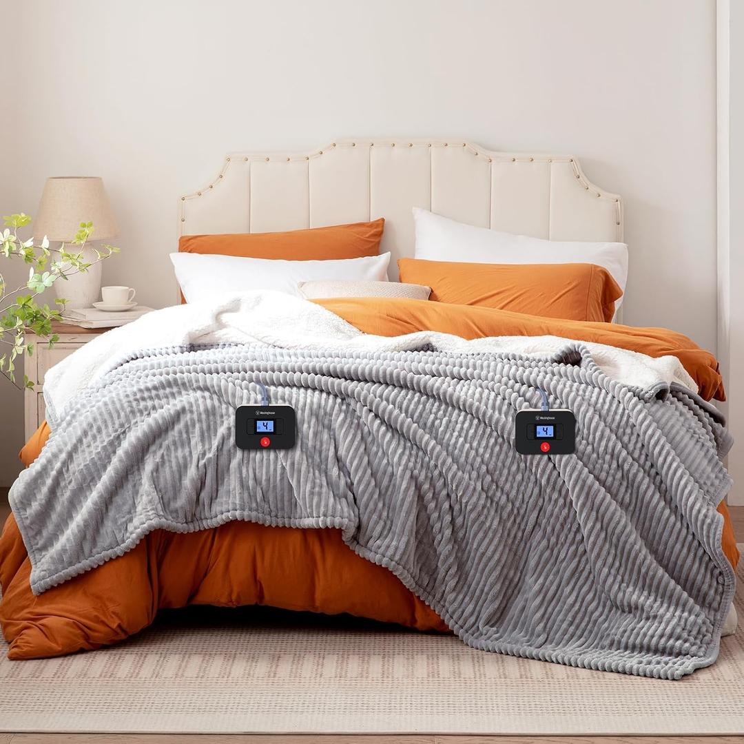 Westinghouse King Size Heated Blanket, Soft Flannel to Sherpa Reversible Electric Blanket King Size with 10 Heating Levels & 1-12 Hours Auto Shut Off, Machine Washable, (100" x 90", Light Grey)