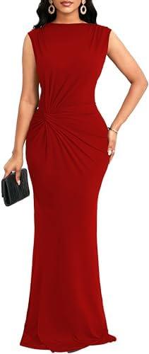 Elegant Red Long Dress for Women Sexy Mock Neck Sleeveless Twist Waist Long Formal Evening Dresses Split Back Zipper(XX-Large)