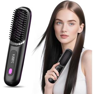 Lovinity Hair Straightener Brush with LCD Display(MCH Ceramic Fast Heating)(Cordless USB Charging Straightener) Portable Mini Straightening Brush for Home Travel, Black