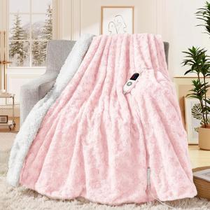 MAXEVE Heated Blanket Electric Throw 50"x60" Faux Rabbit Fur Blankets with 6 Heating Sets & 12 Hours Auto Off, Warm Gifts for Grandma Wife, ETL Certification (Pink)