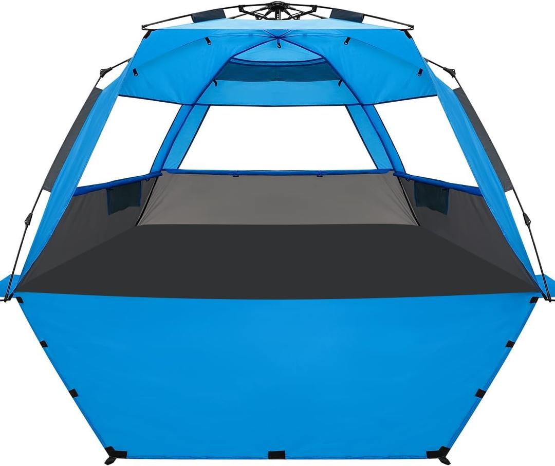 WhiteFang Deluxe Pop Up Beach Tent Sun Shade Shelter for 3-4/5-6 Person, UV Protection, Extendable Floor with 3 Ventilating Windows Plus Carrying Bag, Stakes, and Guy Lines, Gray Blue
