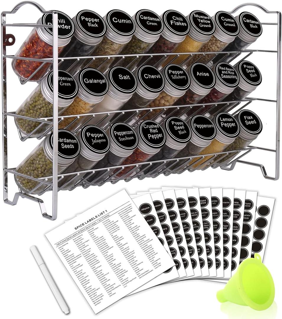 SWOMMOLY Spice Rack Organizer with 24 Empty Round Spice Jars, 396 Spice Labels with Chalk Marker and Funnel Complete Set, Spice Rack for Cabinet, Countertop or Wall Mount, Silver