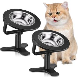 Raised Cat Bowls,Indoor Cats with Height-Adjustable Stand,Non-Slip Stainless Steel Bowls,15 Tilted Cat Food Bowls (2-Pack, Black)