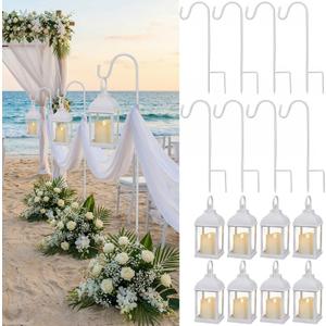 Novabright 8 Sets Wedding Lantern Aisle Decoration Including 8 Pcs White Lantern with LED Candle and 8 Pcs 32'' High Shepherds Hooks for Outdoor Wedding Weddings Holiday Decoration