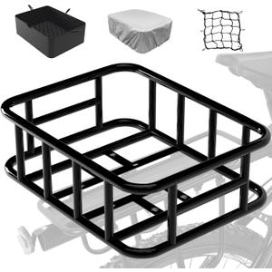 Bike Basket Rear Rack Bike Basket with Cargo Net and Liner Large Bicycle Basket Heavy Duty Bicycle Rear Basket with Liner Waterproof Cover Cargo Net
