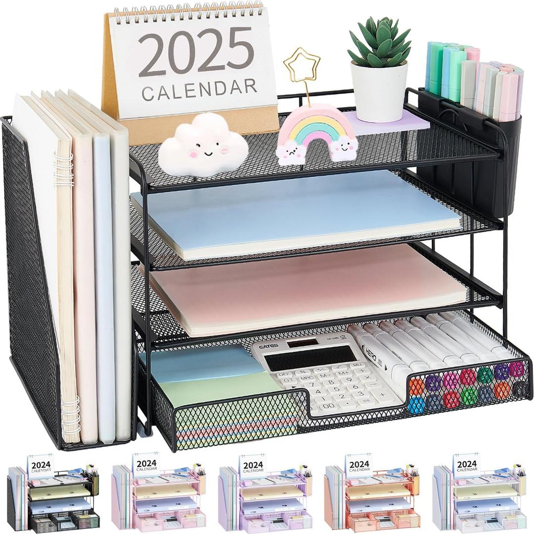 Desk Organizer and Accessories, 4-Tier Desktop File Organizer with Drawer and 2 Pen Holders, Office Desk Accessories, Workspace Organizers for Office Supplies(Black)