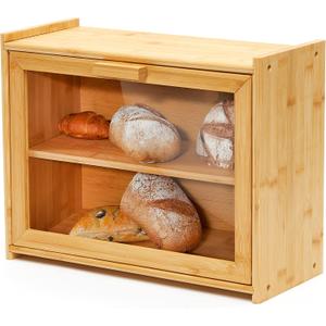 RoyalHouse Premium Bamboo Double Layer Bread Box With Clear Window, Bread Storage And Organizer for Kitchen Countertop, Bread Container, Assembly Required