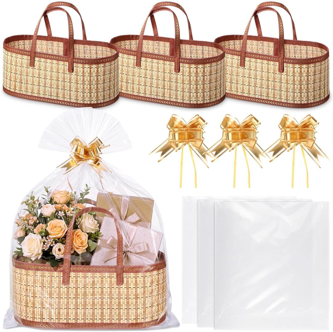 Reallnaive 3 Sets Empty Gift Baskets to Fill Large Bamboo Woven Baskets with Handles 15.8 x 7.9 x 6.3 inch Includes Clear Wrap Bags and Bows for Raffle, Baby Shower, Graduation,Wedding