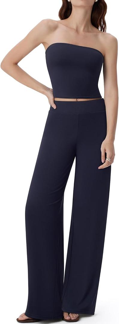 SUUKSESS Women 2 Piece Lounge Set Tube Top Wide Leg Pants Matching Sets Beach Vacation Outfits (Blue, XL)