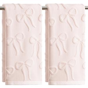Artoid Mode 2 Pcs Pink 3D Bowknot Jacquard Hand Towels for Bathroom, 100% Cotton Soft Absorbent Bathroom Decor Towels, 13.7 x 29.5 Inch