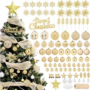 Ktinnead 94 Pcs Christmas Tree Decorations Set, Gold Shatterproof Christmas Tree Hanging Ball Ornaments with Glitter Poinsettia Flowers Decorations Berries Snowflakes for Xmas Party Holiday Wedding