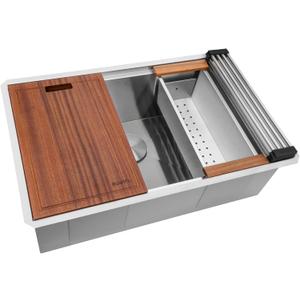 Ruvati 32-inch Undermount 16 Gauge Stainless Steel Workstation Kitchen Sink Single Bowl  Soundproof Multifunction Chef Sink with Cutting Board & Accessories, Brushed Finish Hides Scratches  RVH8300