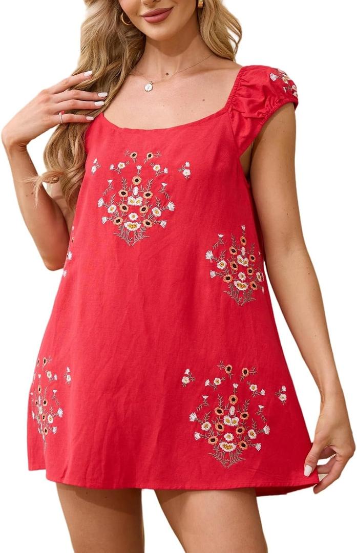 Linen Mini Cute Dress Women Floral Embroidered Dress with Crew Neck and Sleeveless Casual Guest Vintage Dresses (Red, M)