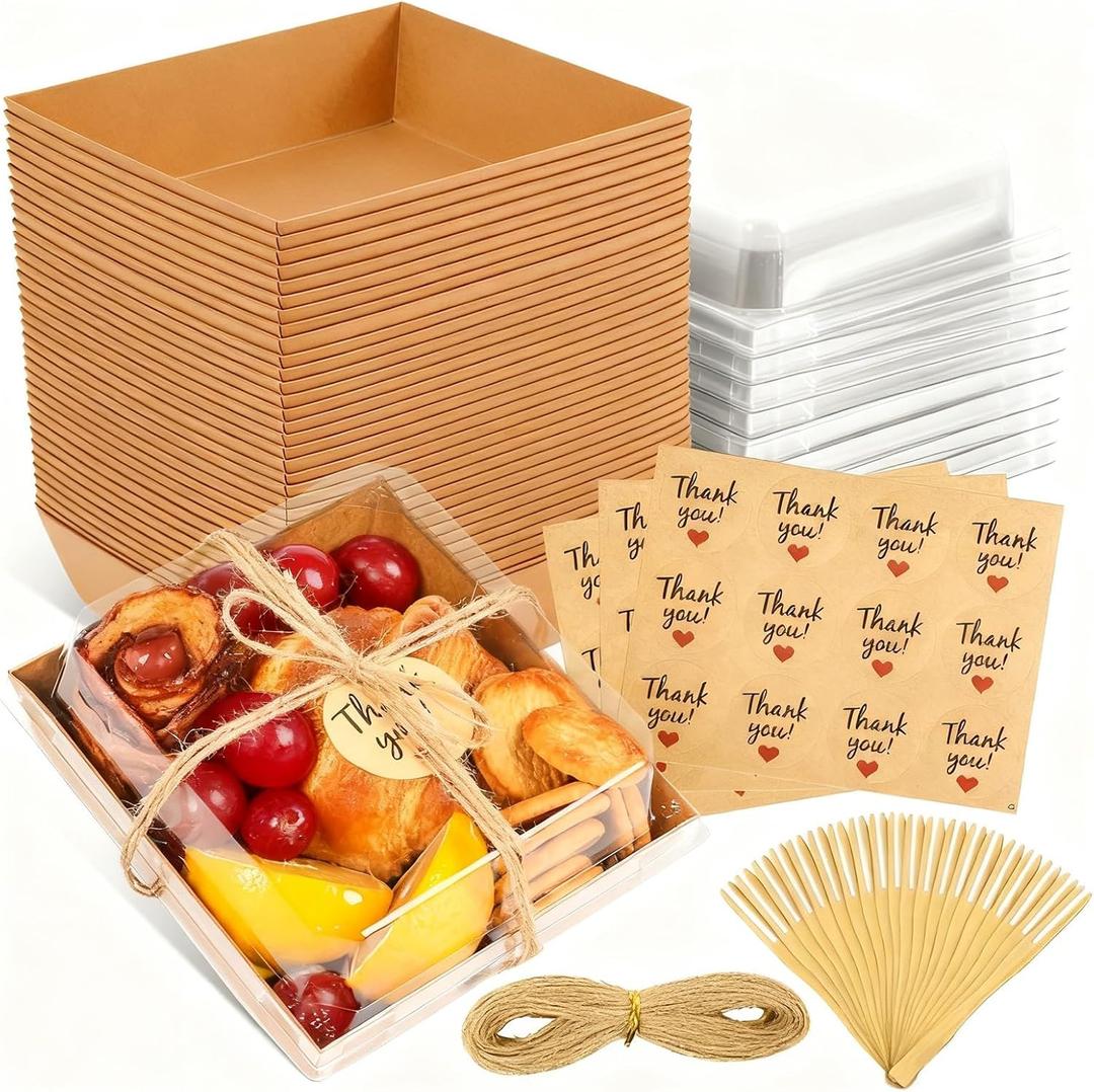 50 Pack Charcuterie Boxes with Clear Lids, Paper Disposable To Go Small Food Containers, 5 Inch Dessert Boxes for Sandwich, Cookie, Cake Slice, Strawberries (Brown)