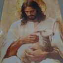 KYHDCJUB Jesus and Lamb Wall Art Jesus Saves the Lost Lamb Painting Christian Picture Wall Decor God Embraces Sheep Picture Prints Artwork for Living Room Bedroom Church 16x24 Inch Ready to Hang