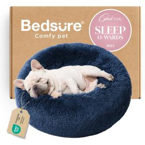 Bedsure Calming Dog Bed for Small Dogs - Donut Washable Small Pet Bed, 23 inches Anti-Slip Round Fluffy Plush Faux Fur Large Cat Bed, Fits up to 25 lbs Pets, Navy