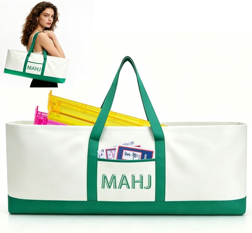 Large American Mahjong Canvas Carry Bag, 33.4 x 13.7 x 4.7 Inches Spacious Mahjong Bag for Tiles, Racks, Game Mats & Gaming Accessories, Portable Travel Organizer Gift for Mahjong Players (Green)