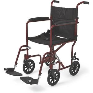 Medline Basic Aluminum Transport Chair with 19" Wide Seat, Full-Length Armrests, Detachable Footrests, 8" Wheels, 300 lb Weight Capacity, Red