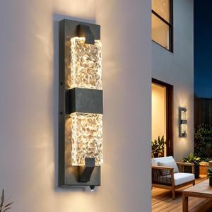 Black Outdoor Wall Light 18.5" Dusk to Dawn Outdoor Lighting,Modern Crystal Ripple Porch Lights Outdoor Hardwired Non-Solar IP65 Waterproof Exterior Wall Sconce for House Garage Entryway
