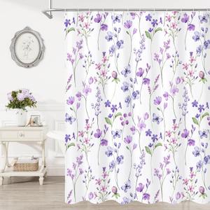 Litabel Watercolor Floral Shower Curtain, Purple Butterfly Flower Shower Curtain for Bathroom, Modern Minimalist White Waterproof Fabric Shower Curtain Set, 72x72 Inch
