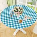 Smiry Round Picnic Tablecloth, Elastic Waterproof Fitted Vinyl Tablecloths for 36"-44" Tables, Flannel Backed Buffalo Plaid Table Cover for Dining, Camping, Outdoor, White and Turquoise