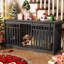 DWVO 55" Extra Large Dog Crate Furniture, Heavy Duty Metal Dog Kennel TV Stand with Sliding Door, Wooden Dog Cage Table with Dog Bowl for Extra Large Medium Dogs or 2 Small Dogs Black Oak