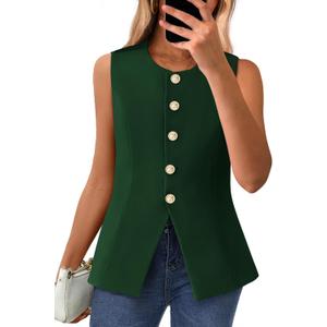 BTFBM Summer Sleeveless Blazer Vest For Women Dressy Button Down Round Neck Business Casual Outfits Work Suit Vests Tops (Green, M)