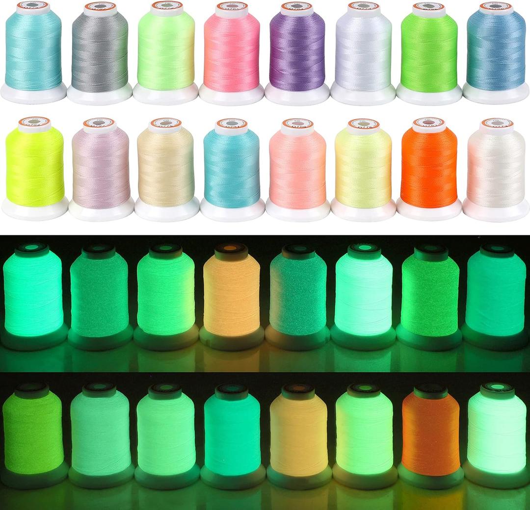 New brothread 16 Colors Luminary Glow in The Dark Embroidery Machine Thread Kit 30WT 500M(550Y) Each Spool for Embroidery, Quilting, Sewing